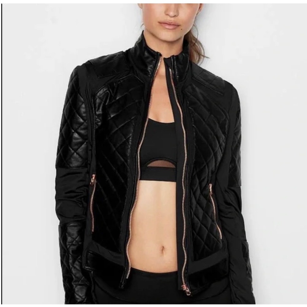 Victoria Sport‎ Women Black Quilted Faux Leather Moto Jacket Rose Gold Zip Small